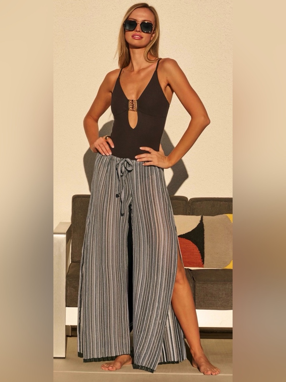BECCA Seaside Split Leg Swimsuit Cover Up Pants Sz S Crochet Leg NWT Boho Resort